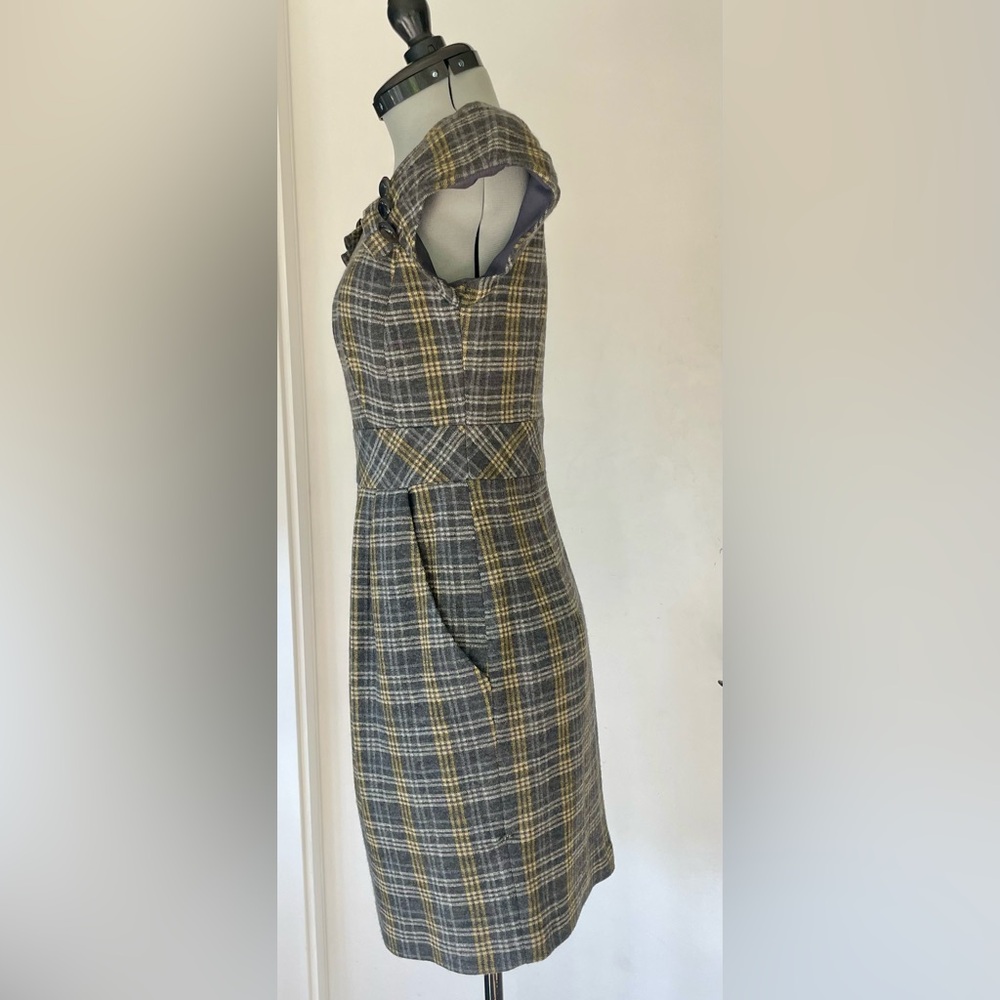 Nanette Lepore wool midi dress, grey/yellow tartan, buttons, cap sleeves, 0 - Picture 4 of 13